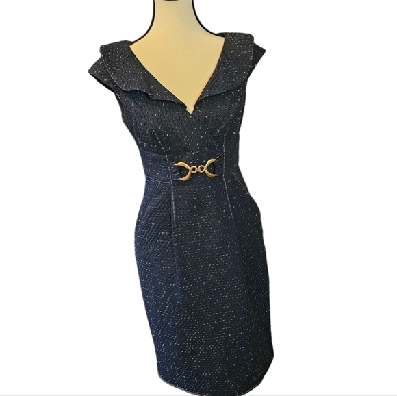 Kay Unger tweed cocktail formal special occasion navy-blue short sleeves dress 2 - Picture 3 of 10